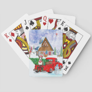 Bull Terrier Hund in Christmas Delivery LKW Schnee Spielkarten