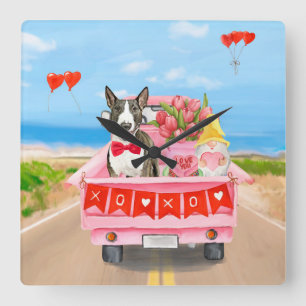Bull Terrier Hund Valentinstag Lastwagen Herzen Quadratische Wanduhr