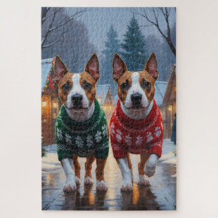 Bull Terrier Hunde Weihnachten Schnee Urlaub