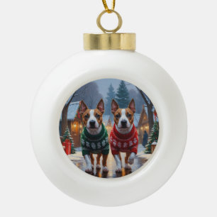 Bull Terrier Hunde Weihnachten Schnee Urlaub Keramik Kugel-Ornament