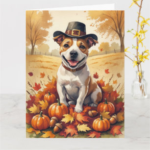 Bull Terrier im Herbst hinterlässt Erntedank Art Karte