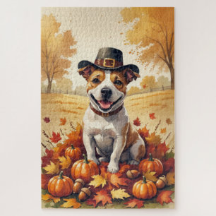 Bull Terrier im Herbstlaub Erntedank Kunst