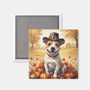 Bull Terrier im Herbstlaub Erntedank Kunst Magnet
