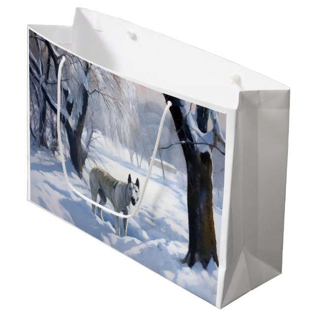 Bull Terrier Lass es Weihnachten schnee Große Geschenktüte (Vorderseite Schrägansicht)