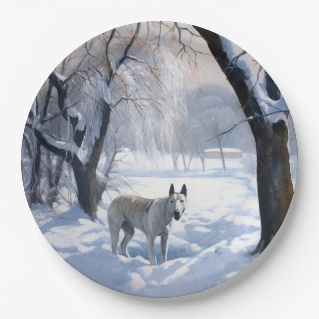 Bull Terrier Lass es Weihnachten schnee Pappteller (Vorderseite)
