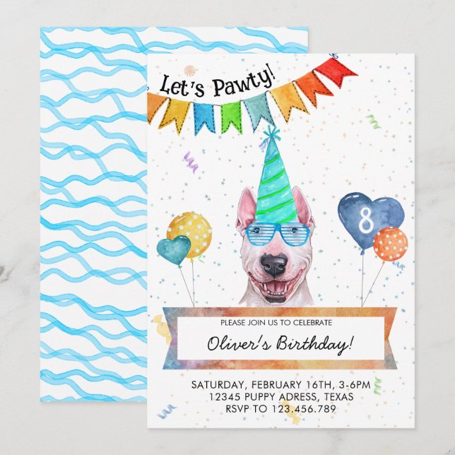 Bull Terrier Lasse Pawty Dog Birthday Party Einladung (Vorne/Hinten)