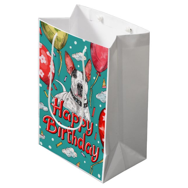 Bull Terrier mit Balloons Mittlere Geschenktüte (Vorderseite Schrägansicht)