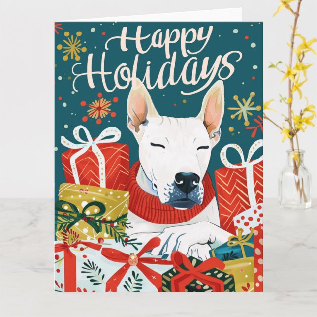 Bull Terrier mit Geschenkboxen Weihnachten Karte (Gelbe Blume)