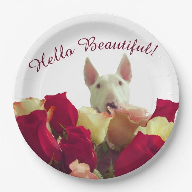 Bull Terrier mit Rose Gruß - Hallo schön Pappteller (Vorderseite)