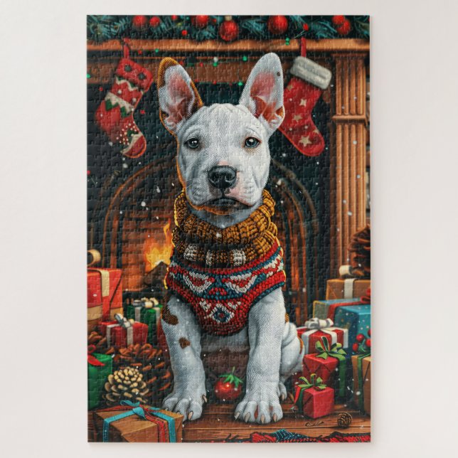 Bull Terrier mit Weihnachtsgeschenken Feuerplatz (Vertikal)