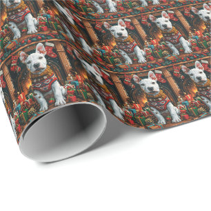 Bull Terrier mit Weihnachtsgeschenken Feuerplatz Geschenkpapier