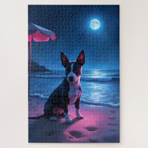 Bull Terrier Neon-Strand-Nachtszene