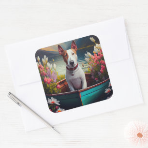 Bull Terrier on a Paddle: Ein Landschaftliches Abe Quadratischer Aufkleber