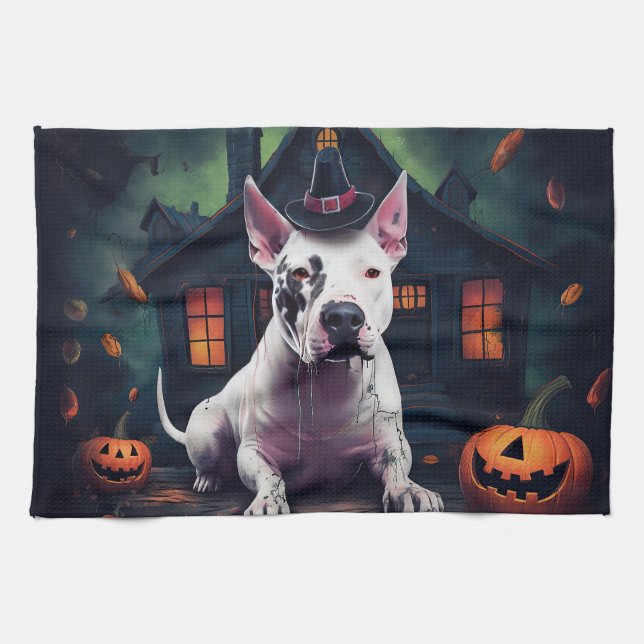 Bull Terrier Pumpkins Halloween Beängstigend Geschirrtuch (Horizontal)