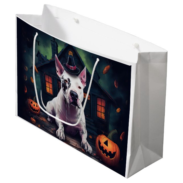 Bull Terrier Pumpkins Halloween Beängstigend Große Geschenktüte (Vorderseite Schrägansicht)