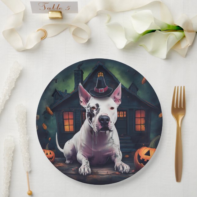 Bull Terrier Pumpkins Halloween Beängstigend Pappteller (Hochzeit)