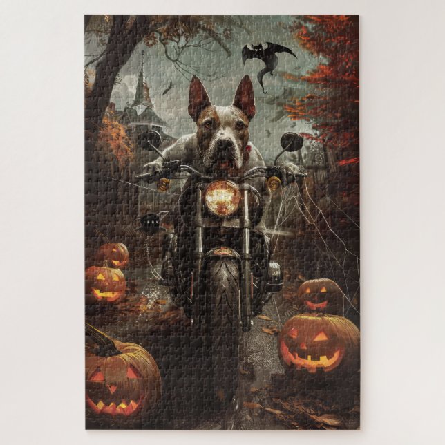 Bull Terrier Riding Motorrad Halloween Beängstigen (Vertikal)