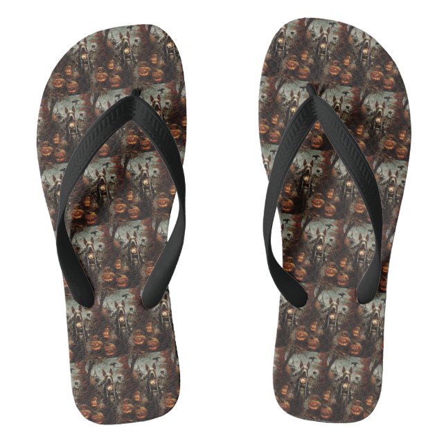 Bull Terrier Riding Motorrad Halloween Beängstigen Flip Flops (Fußbett)