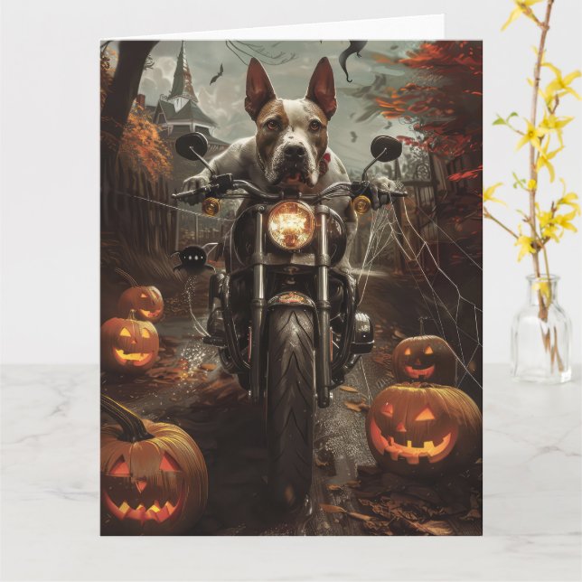 Bull Terrier Riding Motorrad Halloween Beängstigen Karte (Gelbe Blume)
