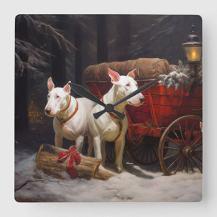 Bull Terrier Schnee Schlitten Weihnachtsdekoration Quadratische Wanduhr