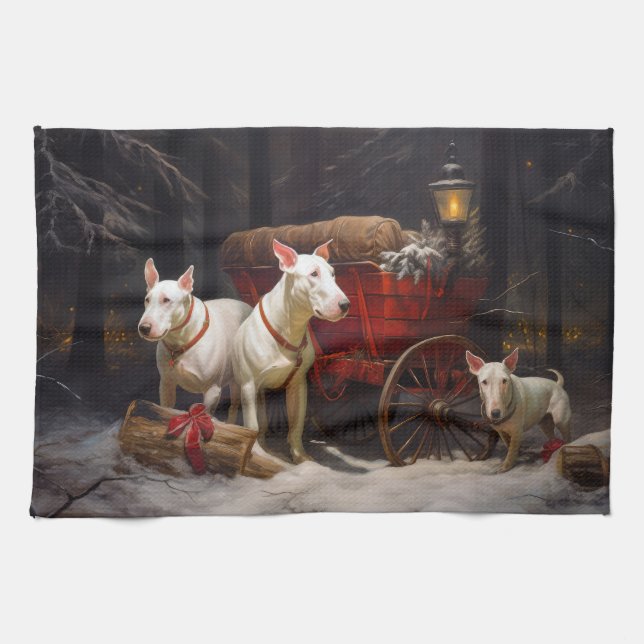 Bull Terrier Snowy Sleigh Weihnachtsdekor Geschirrtuch (Horizontal)