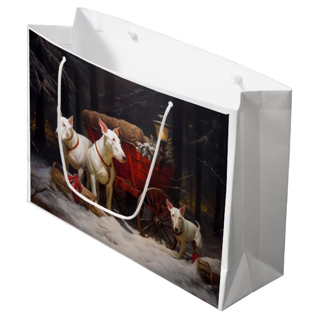 Bull Terrier Snowy Sleigh Weihnachtsdekor Große Geschenktüte (Vorderseite Schrägansicht)