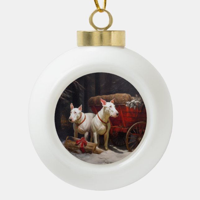 Bull Terrier Snowy Sleigh Weihnachtsdekor Keramik Kugel-Ornament (Vorderseite)