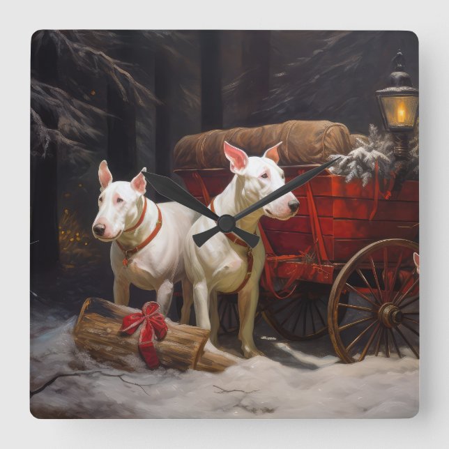 Bull Terrier Snowy Sleigh Weihnachtsdekor Quadratische Wanduhr (Vorderseite)