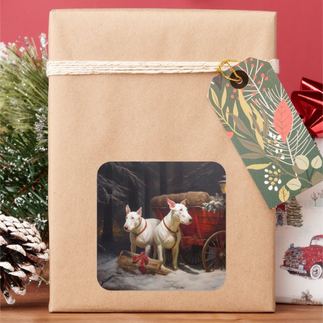 Bull Terrier Snowy Sleigh Weihnachtsdekor Quadratischer Aufkleber (Feiertag)