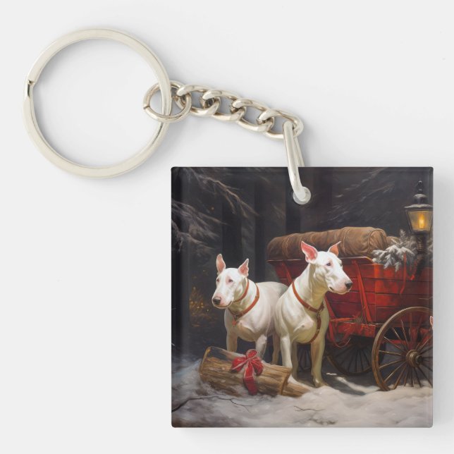 Bull Terrier Snowy Sleigh Weihnachtsdekor Schlüsselanhänger (Vorderseite)