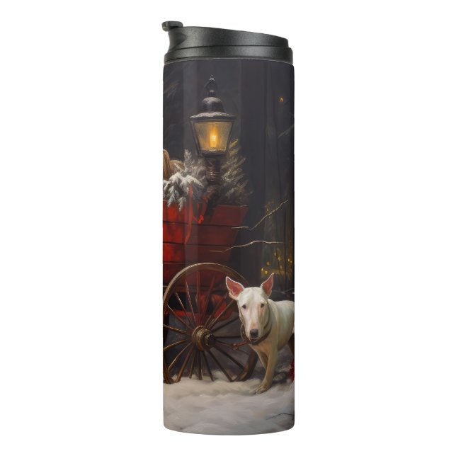 Bull Terrier Snowy Sleigh Weihnachtsdekor Thermosbecher (Nach rechts gedreht)