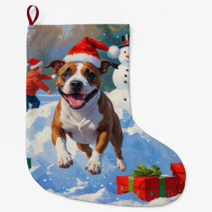 Bull Terrier Weihnachtsfest Schnee Szene Großer Weihnachtsstrumpf