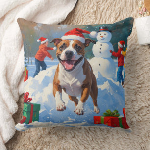 Bull Terrier Weihnachtsfest Schnee Szene Kissen
