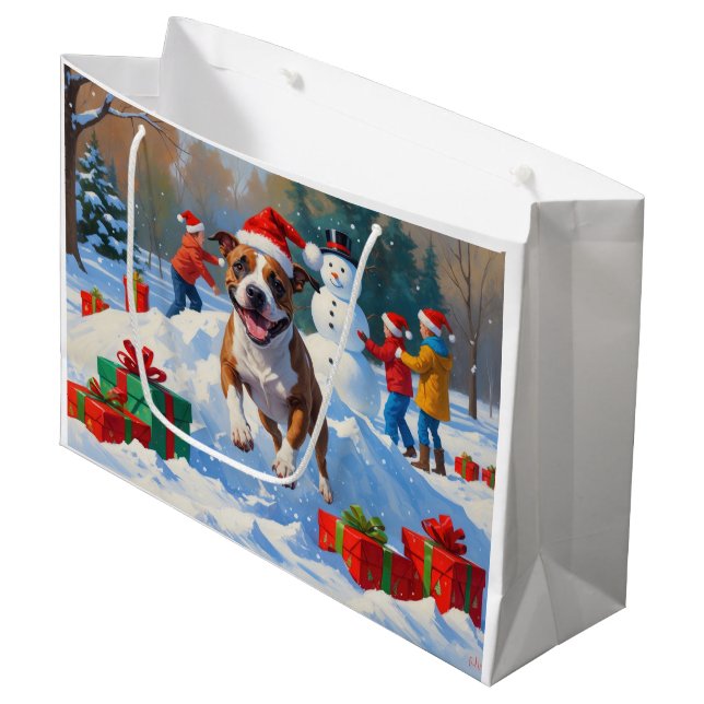 Bull Terrier Weihnachtsfest Schneeszene Große Geschenktüte (Vorderseite Schrägansicht)