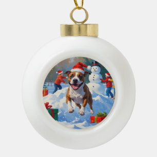 Bull Terrier Weihnachtsfest Schneeszene Keramik Kugel-Ornament