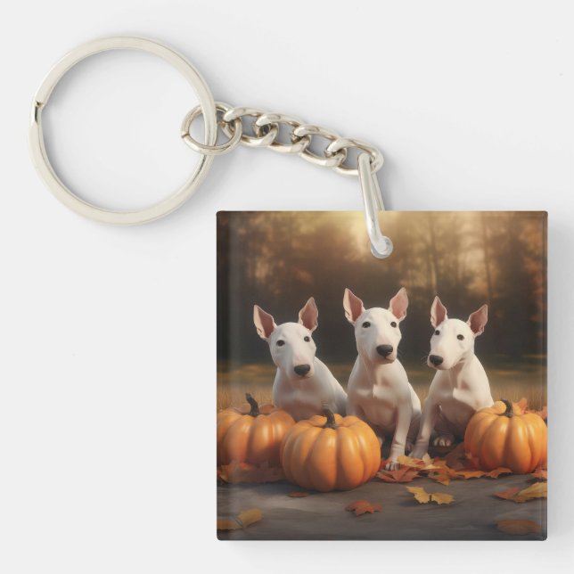 Bull Terrier Welpe Autumn Delight Pumpkin Schlüsselanhänger (Vorderseite)