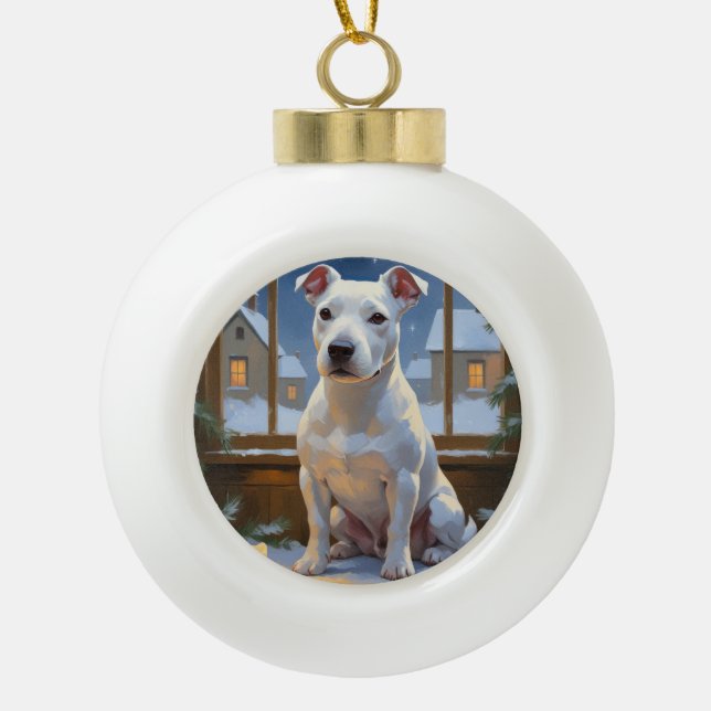 Bull Terrier with Christmas Lights Holiday Keramik Kugel-Ornament (Vorderseite)