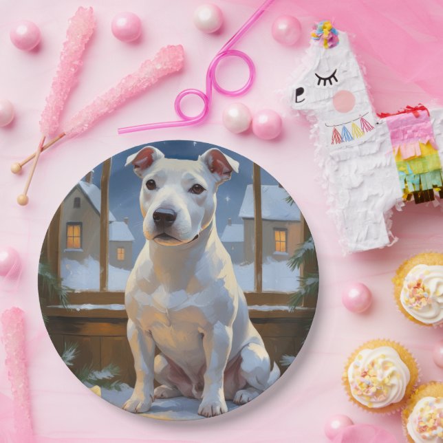 Bull Terrier with Christmas Lights Holiday Pappteller (Party)