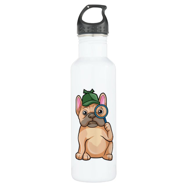 Bulldog als Detektiv mit Gläserglas Edelstahlflasche (Vorderseite)