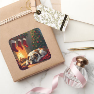 Bulldog am Kamin Weihnachtsbild Quadratischer Aufkleber