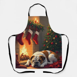 Bulldog am Kamin Weihnachtsbild Schürze
