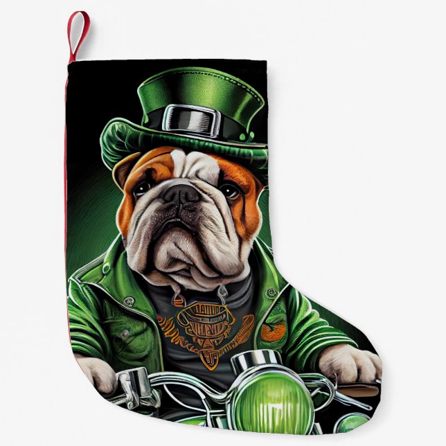 Bulldog Autofahrrad St. Patrick's Day Kleiner Weihnachtsstrumpf (Vorderseite)