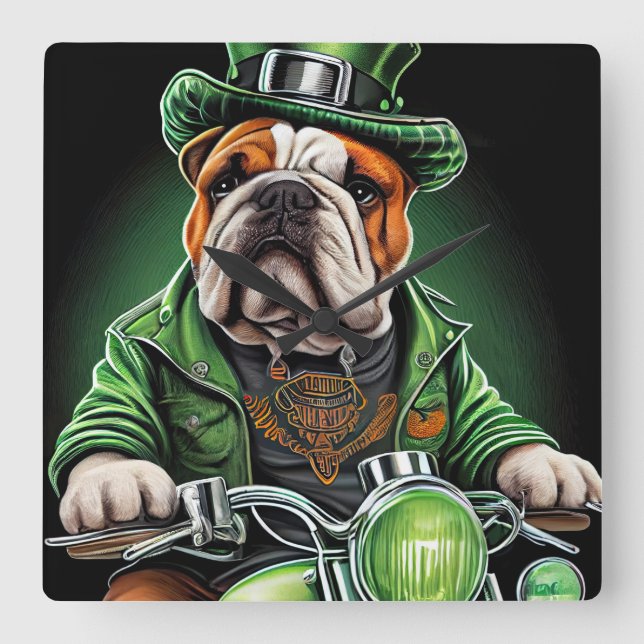 Bulldog Autofahrrad St. Patrick's Day Quadratische Wanduhr (Vorderseite)