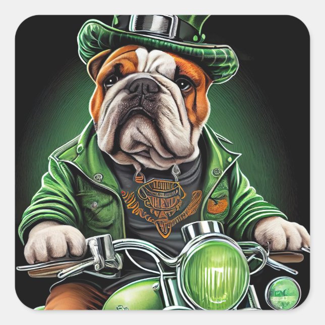 Bulldog Autofahrrad St. Patrick's Day Quadratischer Aufkleber (Vorderseite)