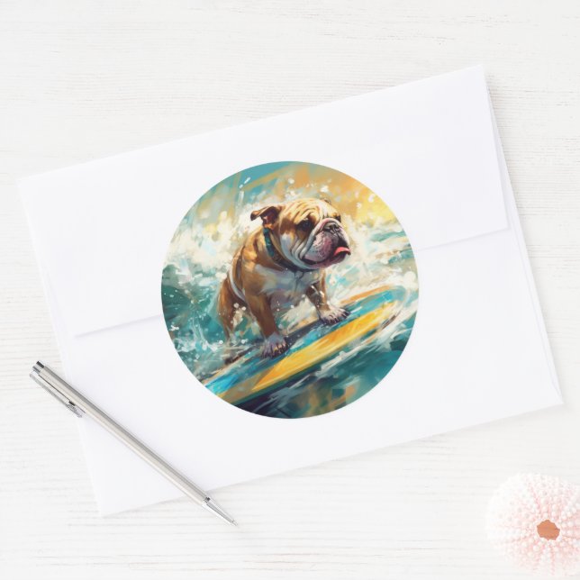 Bulldog Beach Surfgrafik Runder Aufkleber (Umschlag)