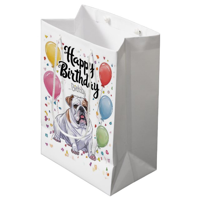 Bulldog Birthday Mittlere Geschenktüte (Vorderseite Schrägansicht)