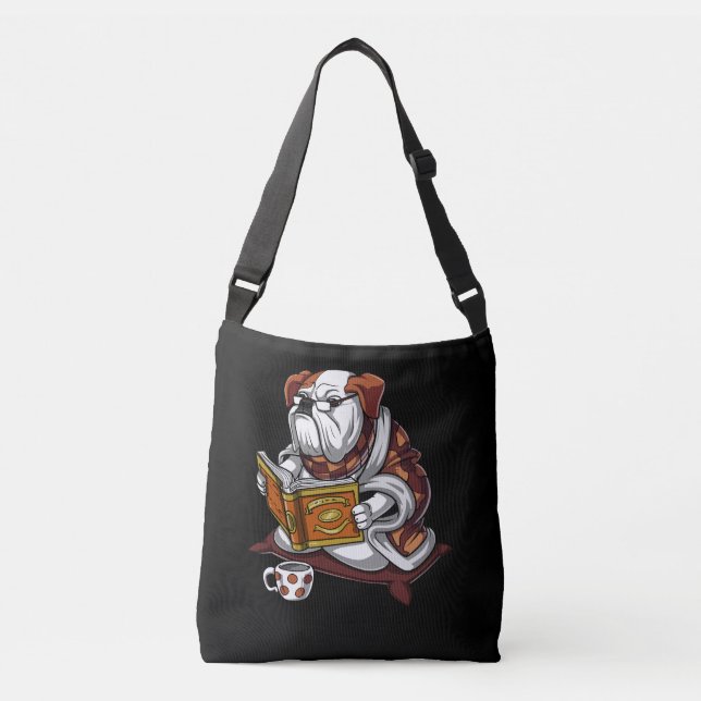 Bulldog-Buch Reading Hund Funny Pater Tragetaschen Mit Langen Trägern (Vorderseite)
