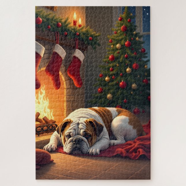 Bulldog by the Fireplace Christmas Painting (Vertikal)
