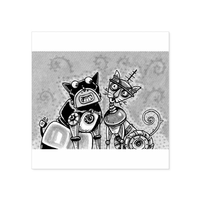 BULLDOG & CAT ROBOTS SCI FI RUBBER BRIEFMARKE GUMMISTEMPEL (Prägung)