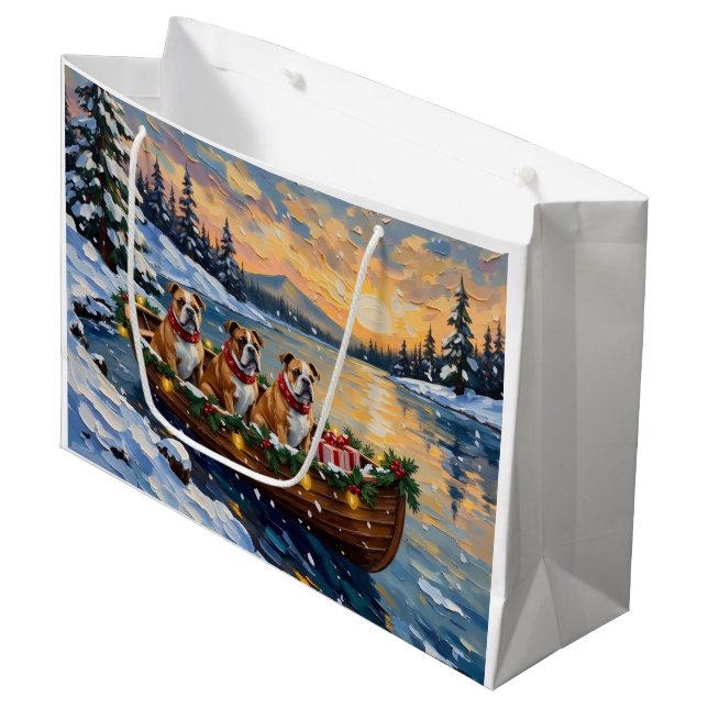 Bulldog Christmas Boat Holiday Große Geschenktüte (Vorderseite Schrägansicht)